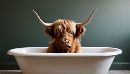 AI generated illustration of a long-haired highland cow with two horns relaxing in a bathtub - obrazy, fototapety, plakaty