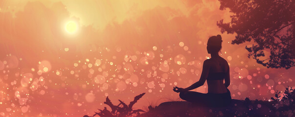 Silhouette of a serene person meditating in lotus position against a backdrop of a vibrant, bokeh-filled sunset with sun rays piercing through the trees