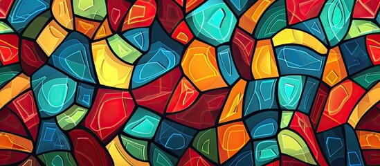 A closeup of a vibrant stained glass window showcasing intricate patterns and a variety of tints and shades, creating a stunning art fixture in the building material of glass, forming circles - obrazy, fototapety, plakaty