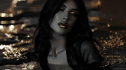 AI-generated illustration of a beautiful woman with golden makeup submerged in water