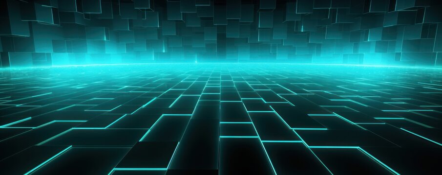turquoise light grid on dark background central perspective, futuristic retro style with copy space for design text photo backdrop