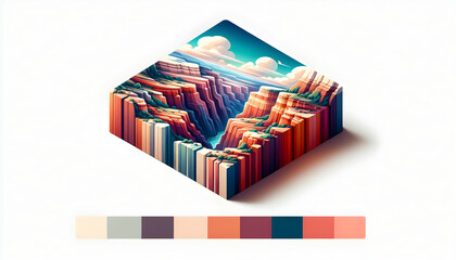 3d flat icon as Canyon Colors A watercolor palette of a canyon layered rock formations. in nature and landscapes theme with isolated white background ,for advertisement and banner, Full depth of field
