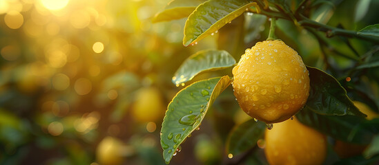 Ripe sweet juicy lemons on the tree close up. Lemon harvest, fruit garden. Sun light on...