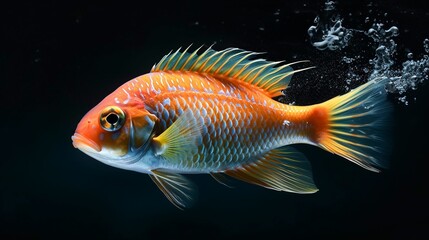 AI generated illustration of A vibrant red and yellow tropical fish swims in an aquatic environment