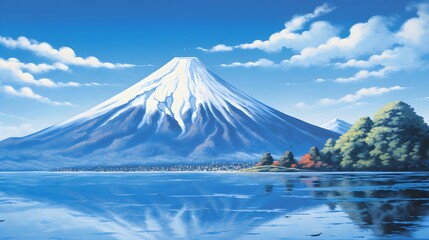 AI generated illustration of a painting of majestic Mount Fuji, Japan, in front of a tranquil lake