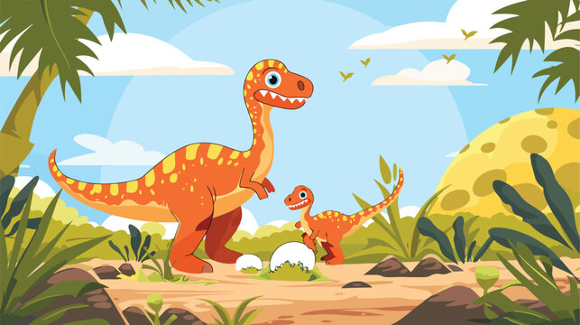 Cartoon happy mom dinosaur and baby dinosaurs hatchin