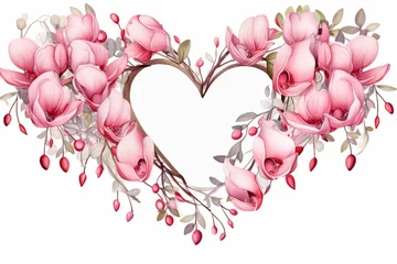 Deurstickers Watercolor bleeding heart clipart with heart-shaped pink and white blooms.flowers frame, botanical border, on white background. © JR BEE