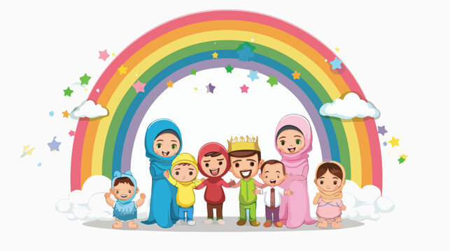 Cartoon happy Muslim family with rainbow Flat vector