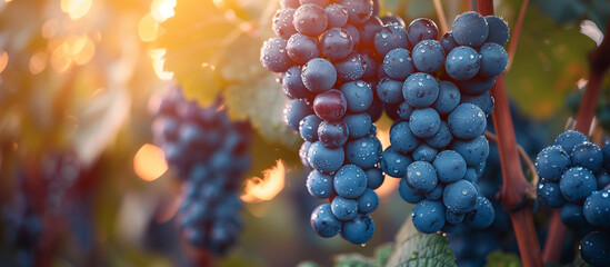 Ripe blue grape clusters on the vine close up. Vineyard on background.