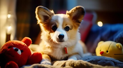Cute Corgi dog sitting attentively with toys, AI-generated.