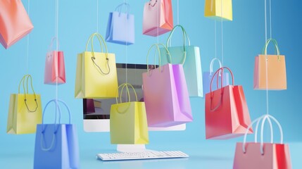 Shopping online concept. Floating shopping bags with computer showcase icon display.