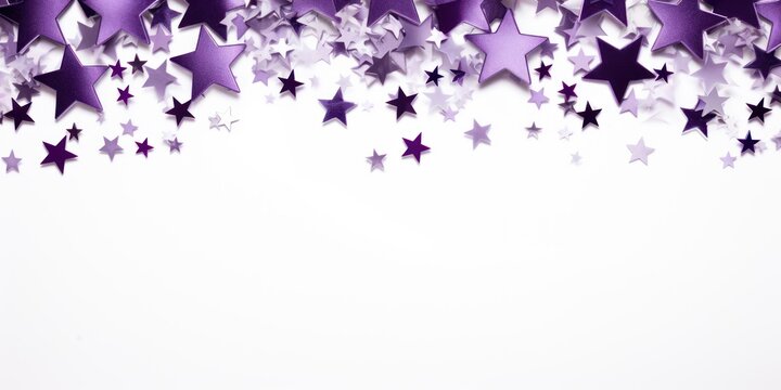 violet stars frame border with blank space in the middle on white background festive concept celebrations backdrop with copy space for text photo or presentation