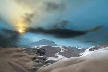 sunset with dark cloud in the snow mountains - 779557935