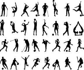 people athletes, golfer, basketball player, volleyball player set silhouette on white background vector