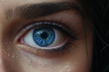 Closeup shot of a blue eye of a woman, AI-generated.