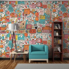 Modern furniture against a vibrant wall with abstract illustrations. AI-generated.