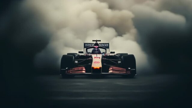 Ai Generated Racing car with dense clouds behind it in action dramatic scene