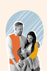 Creative trend collage of cute family father mother hugging daughter spend time together weird freak bizarre unusual fantasy