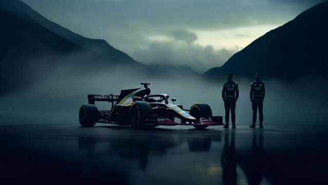 Ai Generated two Motorsport racers standing next to each other with Racing car in a dark scene