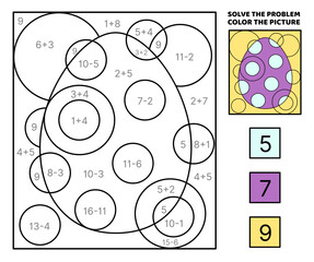 Solve the problem, color the picture. Polka dots purple egg. Coloring book. Vector.