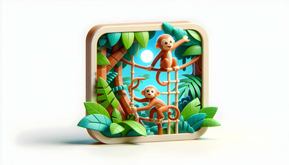 Obraz na płótnie Canvas 3d flat icon as Jungle Gym Monkeys playing in the jungle capturing the essence of untamed joy and freedom. in Pet Behavior theme with isolated white background ,Full depth of field, high quality ,incl