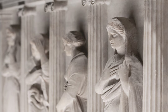 Weeping women. Relief from Sarcophagus of the Mourning Women in the Istanbul Archaeological Museums. Close up fragment, selected focus. November 30, 2023. Istanbul, Turkiye (Turkey)