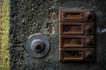 Closeup shot of the rusty doorbell on the wall at the entrance