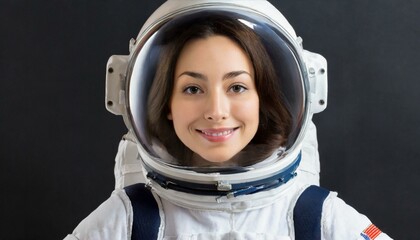 A young woman wearing a spacesuit, astronaut uniform, smiling in a helmet