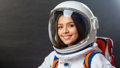 A young woman wearing a spacesuit, astronaut uniform, smiling in a helmet