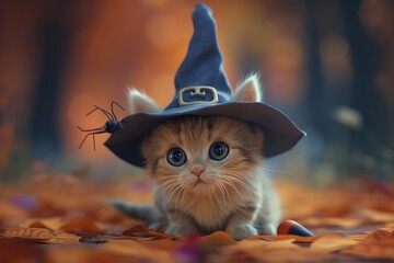 Kitten in tiny witch hat, soft focus, closeup, Halloween cuteness, magical whimsy