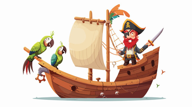 Cartoon pirate on the ship with green parrot Flat vector
