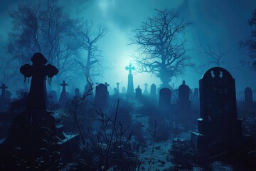 Spooky Graveyard at Night Shrouded in Fog - An Eerie and Haunting Scene