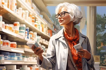 A pharmacy shopping. A woman chooses a vitamin and mineral complex to support bone health during menopause. She studies the label carefully. - obrazy, fototapety, plakaty