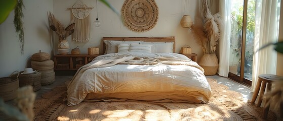 Dreamy Bohemian Bedroom with Spacious Bed and Dream Catcher Decor. Concept Bohemian Decor, Dreamy Bedroom, Spacious Bed, Dream Catcher, Interior Design