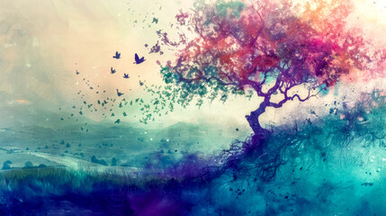Enchanted watercolor landscape with tree and birds