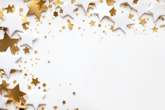 white stars frame border with blank space in the middle on white background festive concept celebrations backdrop with copy space for text photo or presentation