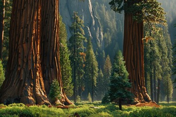 Tall Forest of Giant Sequoias in National Park - A Majestic Redwood Landscape