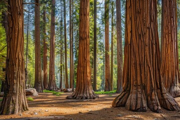 Tall Forest of Redwood Giants in National Park: A Serene Landscape of Sequoias - obrazy, fototapety, plakaty