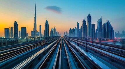 Sunset Over Dubai Skyline With Metro Tracks
