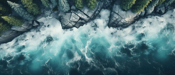 Majestic aerial view of turbulent ocean waves crashing against rocky cliffs. Overhead shot of mighty sea waves meeting the rugged coastline amidst lush greenery - obrazy, fototapety, plakaty