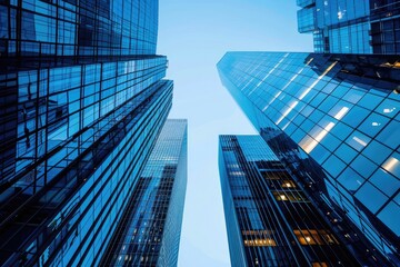Fototapeta na wymiar Reflective Glass Skyscrapers Soaring into Blue Sky - Urban Architecture and Corporate Design