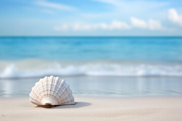 A solitary seashell resting on the smooth sand. The delicate details of the shell. The tranquil ocean and clear sky provide a serene backdrop, evoking a sense of peace and relaxation.