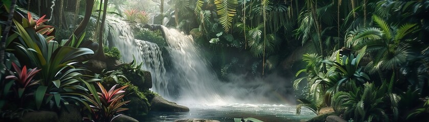 Tropical jungle waterfall, entirely made of felt, beauty in the soft cascades, enlightenment spot, vivid colors, wide shot