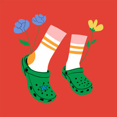 Pairs of female leg wearing Crocs with flowers. Vector hand drawn illustration. - 779560354