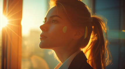 A woman with a ponytail is looking out a window at the sun. Concept of calm and serenity as the woman takes in the beauty of the sun