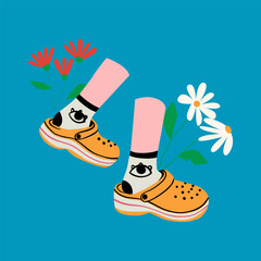 Pairs of female leg wearing Crocs with flowers. Vector graphic illustration. - 779560388