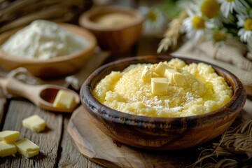 Traditional Southern Breakfast of Hot Grits with Biscuit, Butter and Ground Grain Nourishment in Rustic Setting, Closeup View - obrazy, fototapety, plakaty