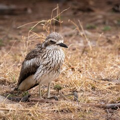 Closeup shot of an angry Bush stone-curlew bird in the dry field