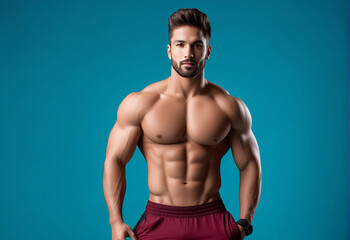 Fototapeta na wymiar Muscled male fitness model showcasing strength and physique against a teal background, ideal for health and wellness, sports apparel concepts