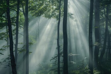 Forest of Beech Trees with Backlit Underbrush Illuminated by Sunbeams through Misty Fog - obrazy, fototapety, plakaty